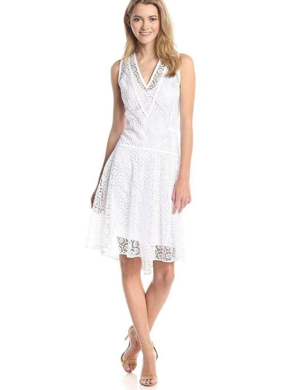 Rebecca Taylor Tile Lace V-Neck Flare Dress Size 12 in Sea Salt White